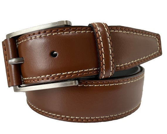 Mens Cognac Tan Italian Leather Belt Leather Buckle Tab Contrast Stitching 35mm Etsy Canada