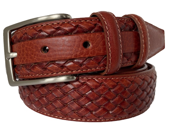 COGNAC BROWN INTERWOVEN  CALF LEATHER UNISEX BELT Vintage Brown Cognac Cowboy Decorated Interwoven Native Sewn  main image 4
