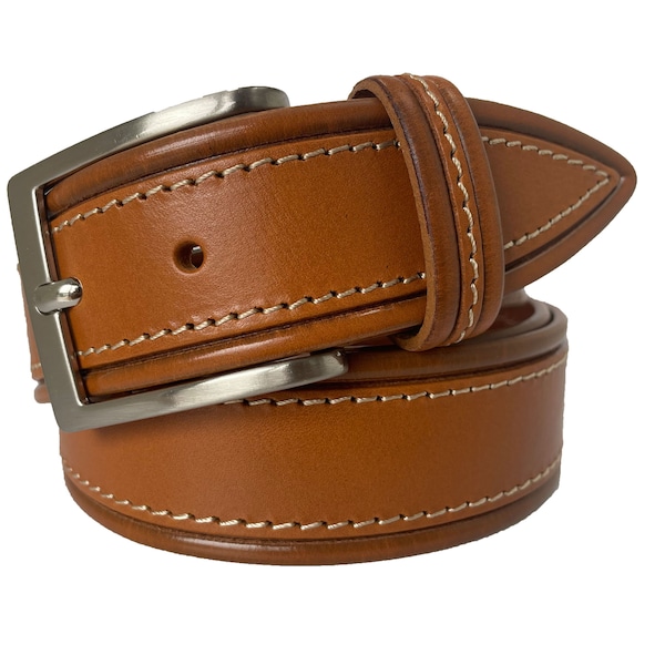 Mens Tan Single Skin Bull Hide Italian leather belt tapered tip cream stitched 40mm