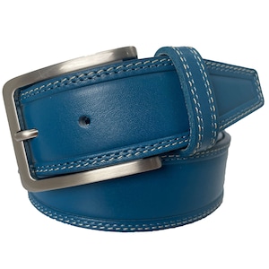 Mens Cobalt Blue Double Stitched single skin hide Italian hide leather belt  40mm