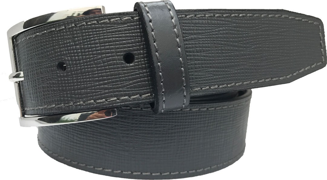 WORTH BELT GRAY SAFFIANO LEATHER GUNMETAL BUCKLE ITALY Size S SMALL Buy Holeless Mens Grey Leather Belt| LeatherBeltsOnline.com main image 2