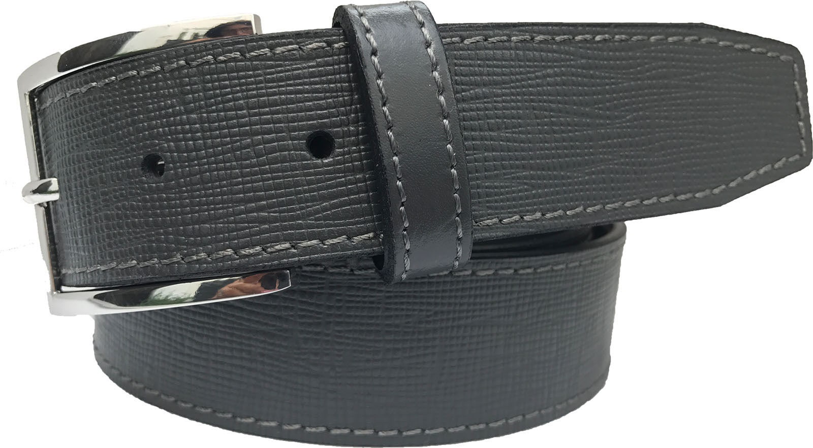 WORTH BELT GRAY SAFFIANO LEATHER GUNMETAL BUCKLE ITALY Size S SMALL Dressing Belts For Men - Black Saffiano Leather - Gray Buckle main image 2