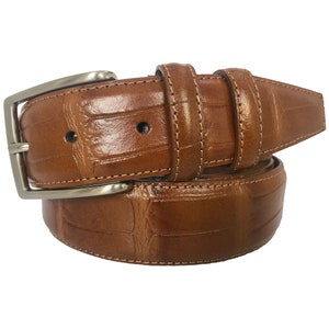 May include: A brown leather belt with a crocodile pattern and a silver buckle.