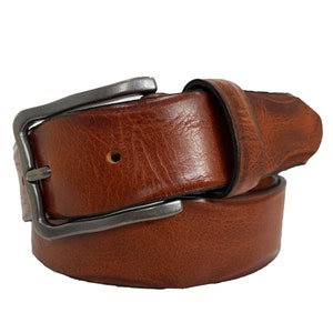 Mens tan single skin distressed Italian hide leather belt antique polish buckle 35mm