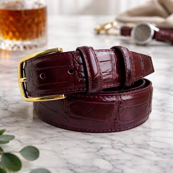 Burgundy Crocodile Print Belt for Men, Italian Leather Dress Belt, Gold Buckle