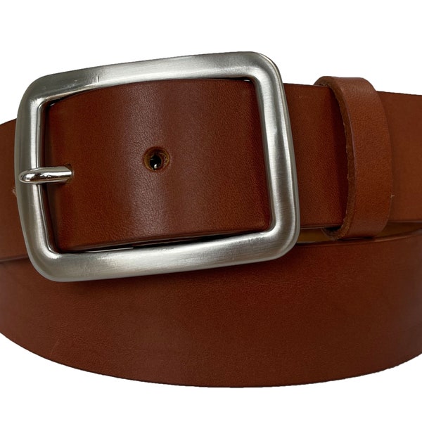 Cognac tan single skin Italian cow hide leather belt rectangle buckle 40mm