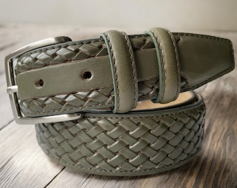 Vintage Braided Leather Belt, Green Wide Woven, D-ring  display picture 1