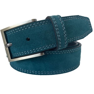 Mens Italian Suede Belt Teal Green Blue 35mm