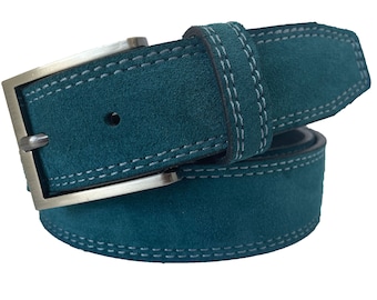 Mens Italian Suede Belt Teal Green Blue 35mm