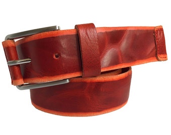 Mens Red single skin pressed distressed Italian hide leather belt  40mm