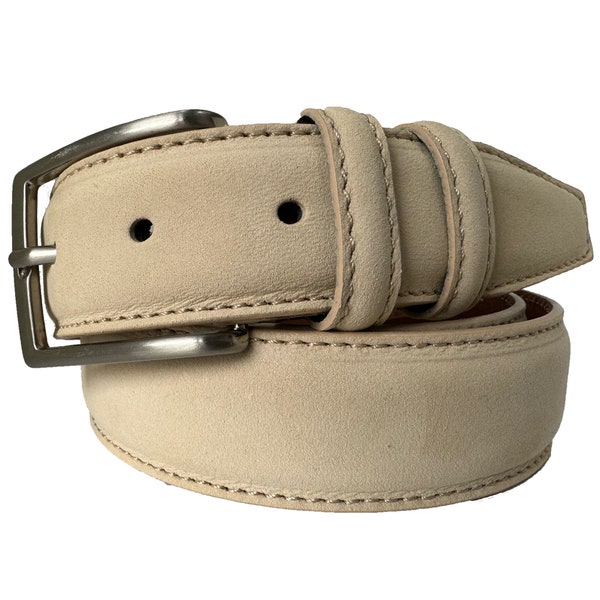 Mens Italian Light Beige  Cream Leather Nubuck Belt 35mm