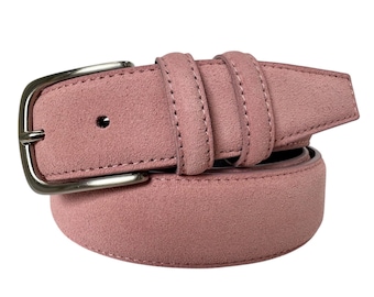 Cinturón italiano de ante para hombre, color rosa bebé, doble trabilla, 35 mm