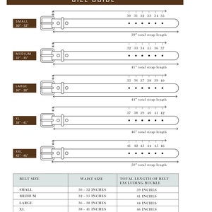 May include: Size guide for Italian Belt Company belts. Displays belt sizes from small (30-32 inches) to XXL (42-46 inches), with corresponding waist sizes and total belt lengths. Includes diagrams of belts with measurements.