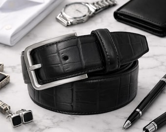 Handmade Italian Leather Belt, Black Crocodile Embossed, Silver Buckle