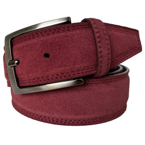 Mens Italian Suede Belt Burgundy Double Stitched 40mm