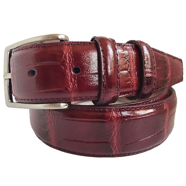 Italian Leather Burgundy Crocodile Print Belt 35mm