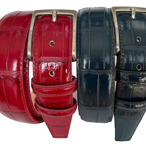 Italian Leather Red or Blue Crocodile Print Belt 35mm