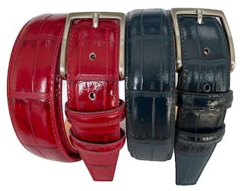 Ceinture en cuir italien rouge ou bleu imprimé crocodile 35 mm