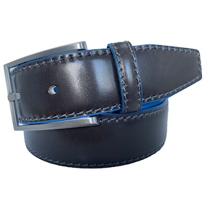 Italian Calf Leather Belt Dark Grey with Blue accents 35mm