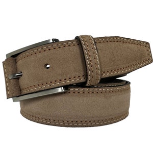Mens Italian suede belt Dark Beige with Contrast Stitch 35mm