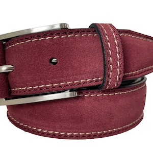 Mens Italian Suede Belt Burgundy cream contrast stitch 35mm