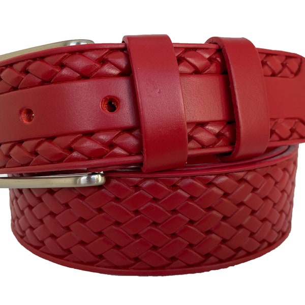 Italian Leather Belt Red Weave Embossed 35mm