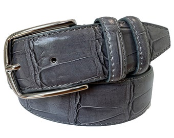Italian Leather Grey Crocodile Print Belt 35mm