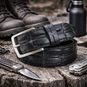 Mens Black Leather Belt Crocodile Embossed Italian Cow Hide 40mm