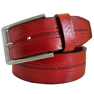 Mens Red Distressed Italian Hide Leather Belt with Embossed Design 40mm