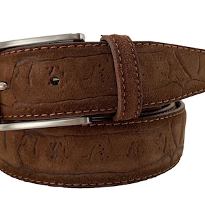 Mens Italian Suede Belt Embossed Brown  35mm