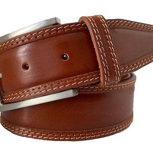 Mens Rich Cognac Tan single skin hide Italian hide leather double stitched belt 40mm