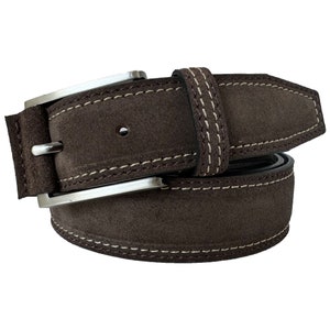 Mens Italian Suede Belt Brown with Contrast Stitch & Suede Tab 35mm