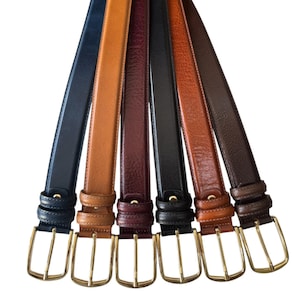 Italian Leather Belt Gold Buckle Black Blue Brown Tan Calf Leather tonal stitch 35mm