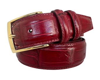 Italian Leather Red Crocodile Print Belt Gold Buckle 35mm