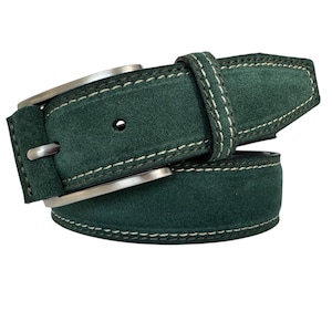 Mens Italian Suede Belt Green cream contrast stitch 35mm