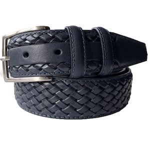 Italian Leather Belt Darkest Navy Blue Calf Leather Weave Embossed 35mm