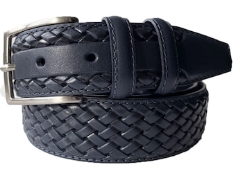 Italian Leather Belt Darkest Navy Blue Calf Leather Weave Embossed 35mm