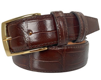 Italian Leather Brown Crocodile Print Belt Gold Buckle 35mm