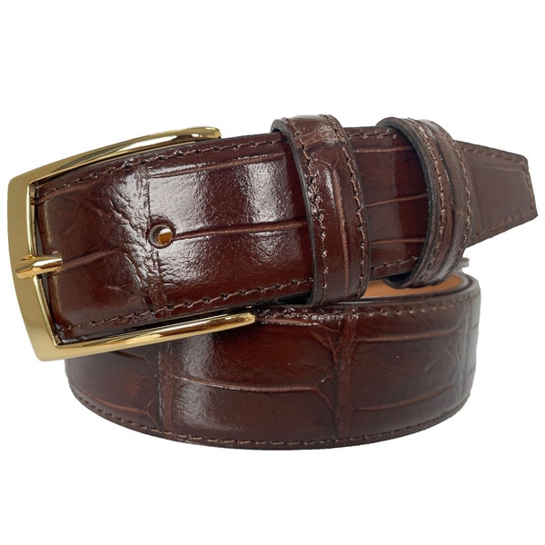 Italian Leather Brown Crocodile Print Belt Gold Buckle 35mm