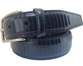 Hagora Men 1-1/8" Wide PU Bonded Leather Stitched Lizard Skin Brass Buckle Belt