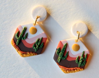 Desert Clay Earrings Boho Scenic Earrings Handmade Polymer Clay Earrings Gift for Friends Boho Jewelry Gift Ideas Hexagon Earrings