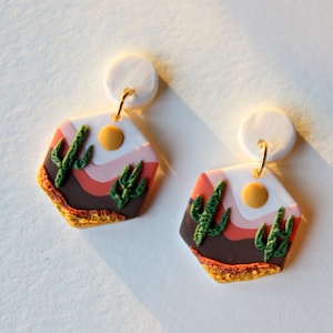 Desert Clay Earrings Boho Scenic Earrings Handmade Polymer Clay Earrings Gift for Friends Boho Jewelry Gift Ideas Hexagon Earrings