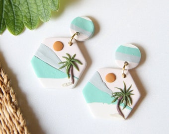 Beach Earrings Handmade Polymer Clay Earrings Summer Earrings Beach Jewelry Gifts Minimalist Hexagon Earrings 1.5" Long Hypoallergenic