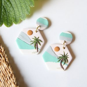 Beach Earrings Handmade Polymer Clay Earrings Summer Earrings Beach Jewelry Gifts Minimalist Hexagon Earrings 1.5" Long Hypoallergenic