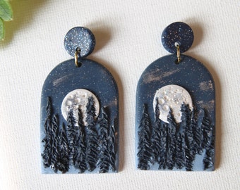 Moon Earrings Handmade Polymer Clay Earrings Dangle Night Landscape Earrings Scenice Nature Jewelry Dark Academia Whimsical Gift for Mother