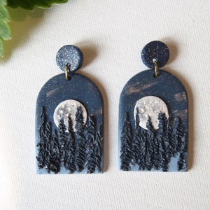 Moon Earrings Handmade Polymer Clay Earrings Dangle Night Landscape Earrings Scenice Nature Jewelry Dark Academia Whimsical Gift for Mother image 1