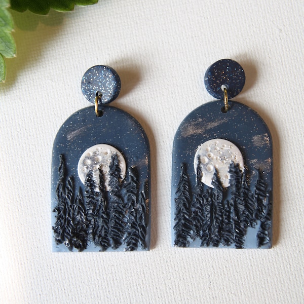 Moon Earrings Handmade Polymer Clay Earrings Dangle Night Landscape Earrings Scenice Nature Jewelry Dark Academia Whimsical Gift for Mother