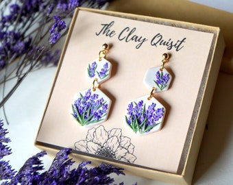 Lavender Earring Dangle Lilac Earring Handmade Polymer Clay Earrings Cute Aesthetic Earring Purple Flower Cottage Core Hexagon Earring