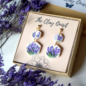 Lavender Earring Dangle Lilac Earring Handmade Polymer Clay Earrings Cute Aesthetic Earring Purple Flower Cottage Core Hexagon Earring