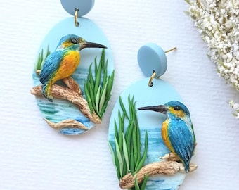 Kingfisher Earrings Handmade Polymer Clay Earrings Dangle Bird Earrings Dainty Birthday Gift for Mother Nature Gift for Her